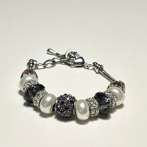 Silver Charm Bracelet Pearl and Purple Beads Crystals